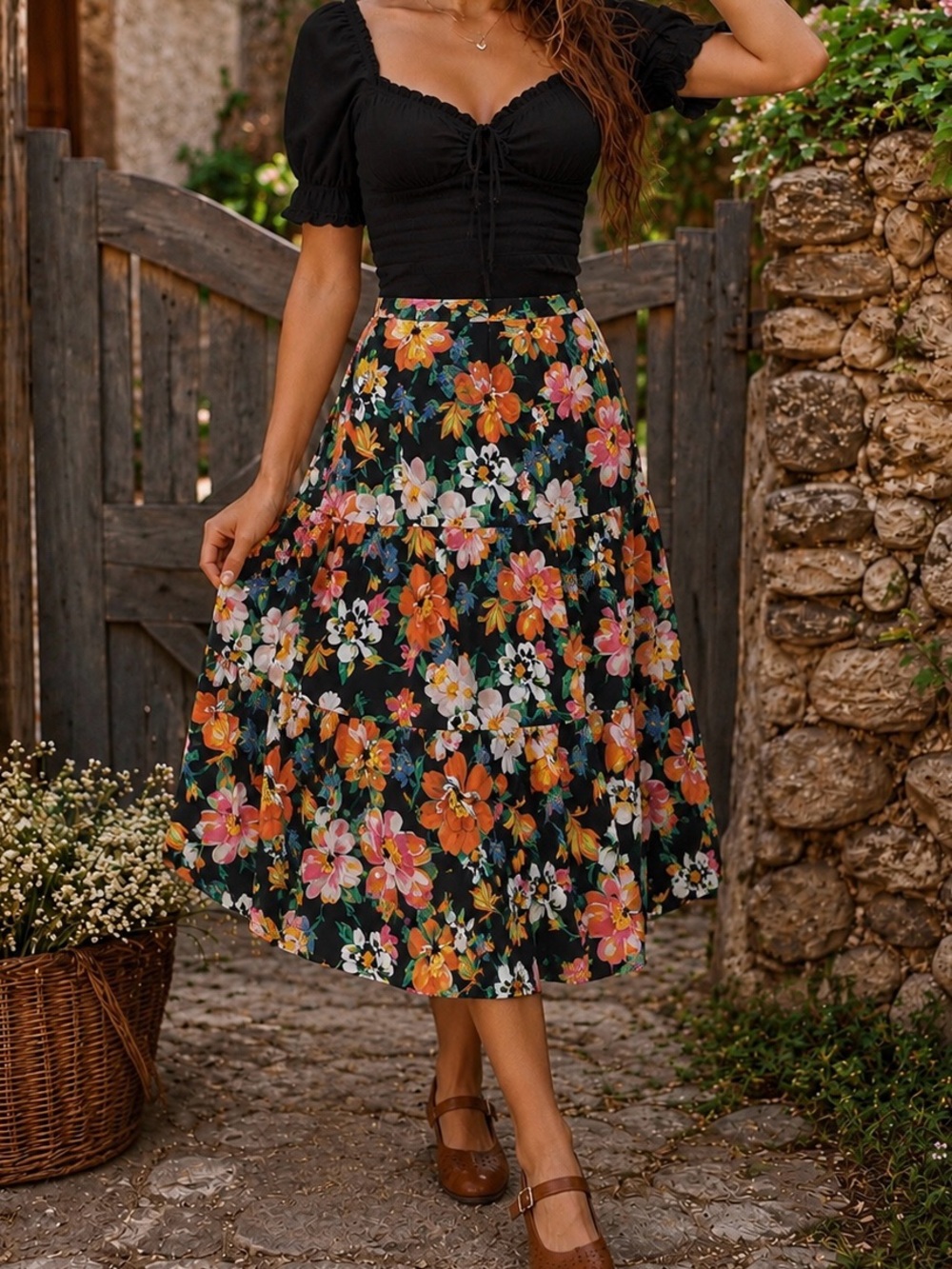 Lulu’s Floral Tiered Midi Skirt M Black Orange Pink Boho Cottagecore A-Line